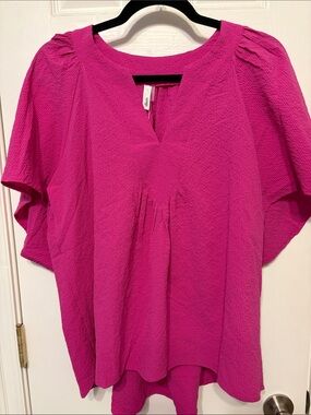 glam Fuchsia Textured V-Neck Blouse